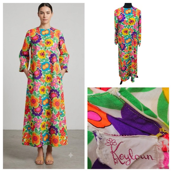 Keyloun Dresses & Skirts - Keyloun Kaftan Maxi Dress Med Vintage 60s 70s Psychedelic Flower Power Retro Mod